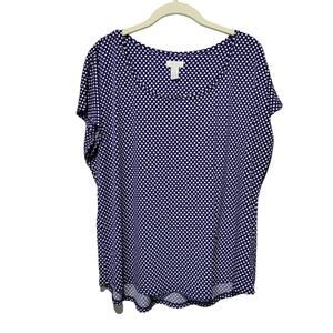 Chicos Womens Sz 3 (US XL) Blue Stretchy Polka Dot Short Sleeve Round Neck Shirt